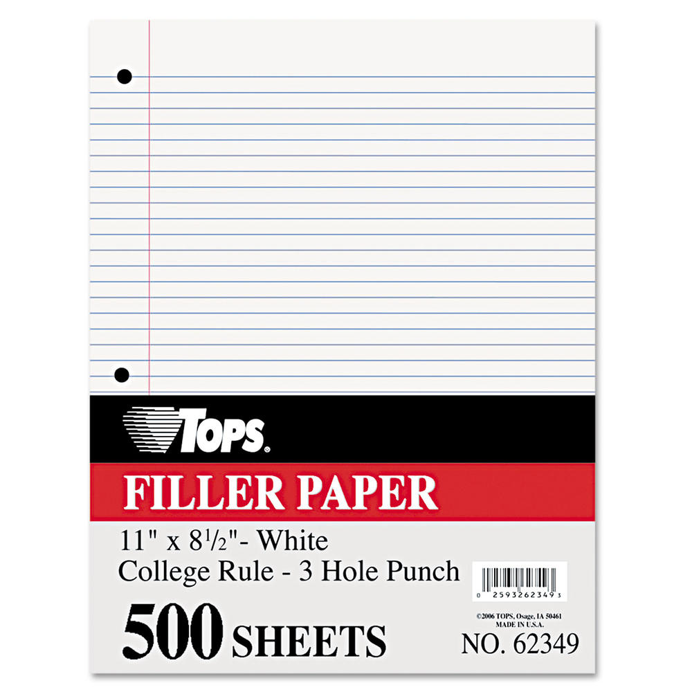 TOPS TOP62349 ™ Filler Paper, 3H, 16 lb, 8 1/2 x 11, College Rule, White, 500 Sheets/Pack