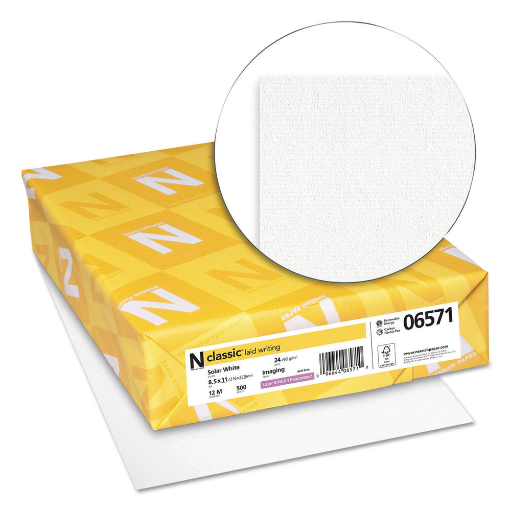 Neenah Paper NEE06571 CLASSIC Laid Writing Paper, 24lb, 97 Bright, 8 1/2 x 11, Solar White, 500 Sheets