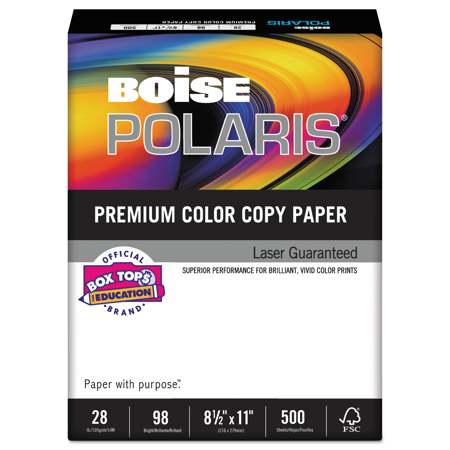 Boise CASBCP2811 POLARIS Premium Color Copy Paper, 98 Bright, 28lb, Letter, White, 500 Sheets