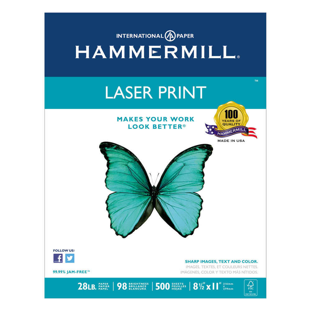 Hammermill HAM125534 Laser Print Office Paper, 98 Brightness, 28lb, 8-1/2 x 11, White, 500 Shts/Ream