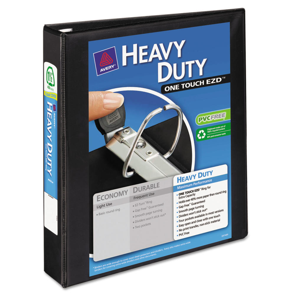 Avery AVE79695 Heavy-Duty View Binder w/Locking 1-Touch EZD Rings, 1 1/2" Cap, Black