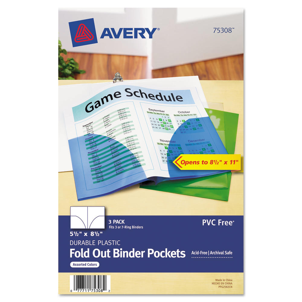 AVE75308 Avery Small Binder Pockets, Fold-Out, 5 1/2 x 9 1/4, Assorted, 3/Pack