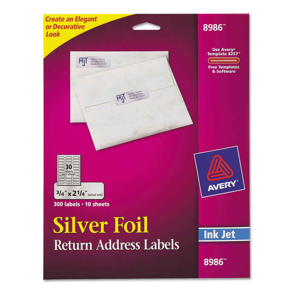 Avery AVE8986  Foil Mailing Labels, 3/4 x 2 1/4, Silver, 300/Pack