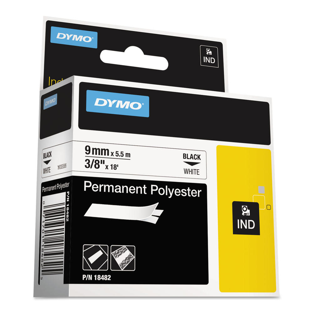 DYMO DYM18482 Rhino Permanent Poly Industrial Label Tape, 3/8" x 18 ft, White/Black Print