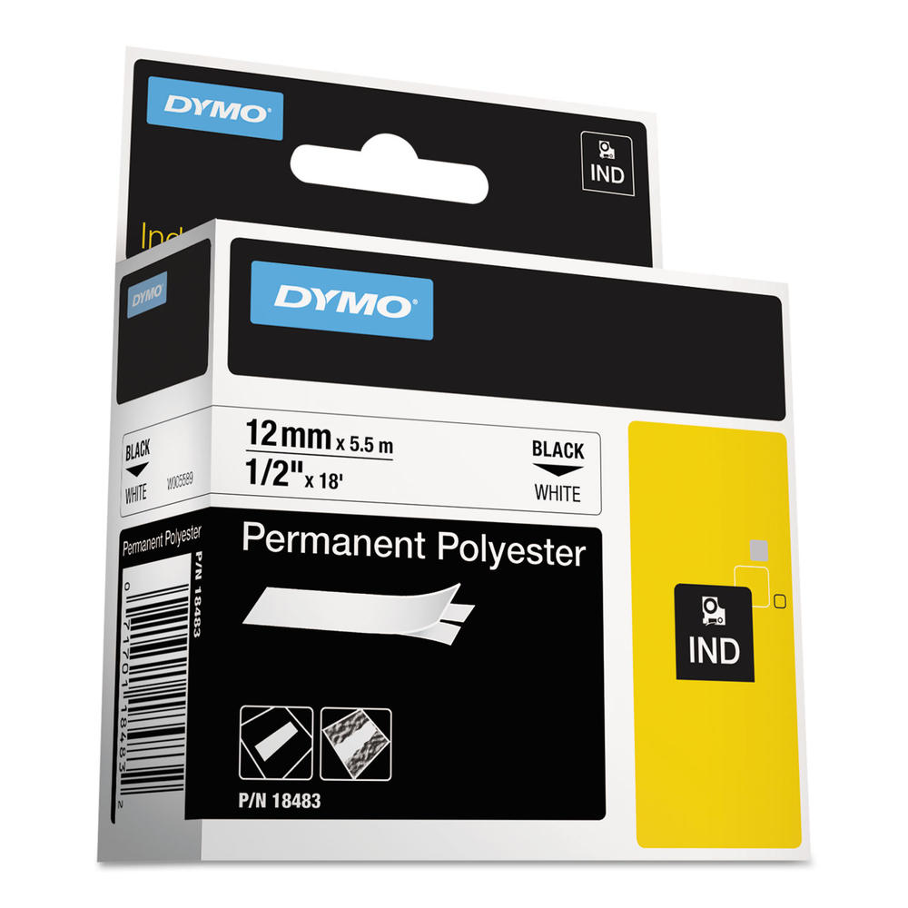 DYMO DYM18483 Rhino Permanent Poly Industrial Label Tape, 1/2" x 18 ft, White/Black Print