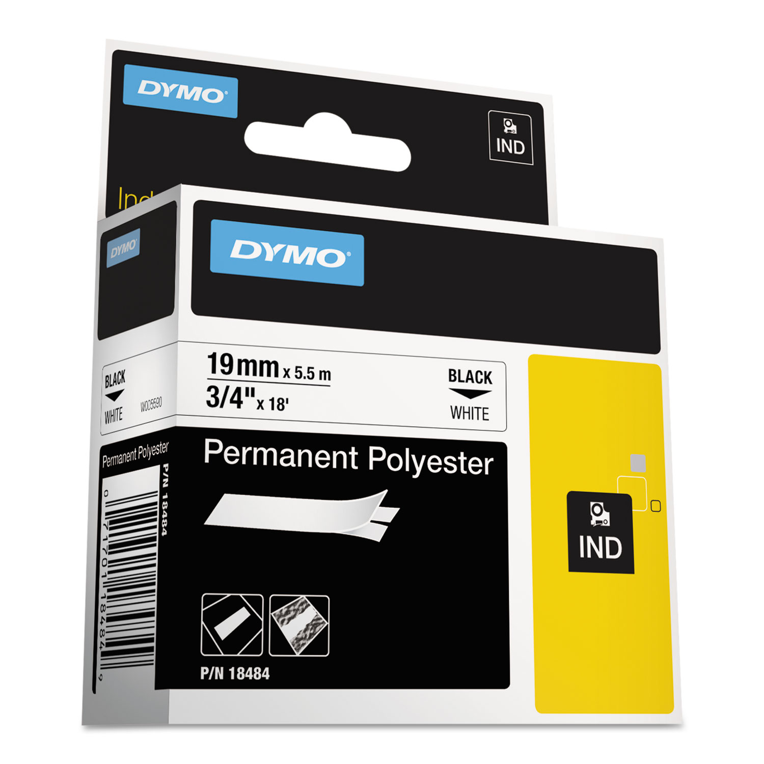 DYMO DYM18484 Rhino Permanent Poly Industrial Label Tape, 3/4" x 18 ft, White/Black Print