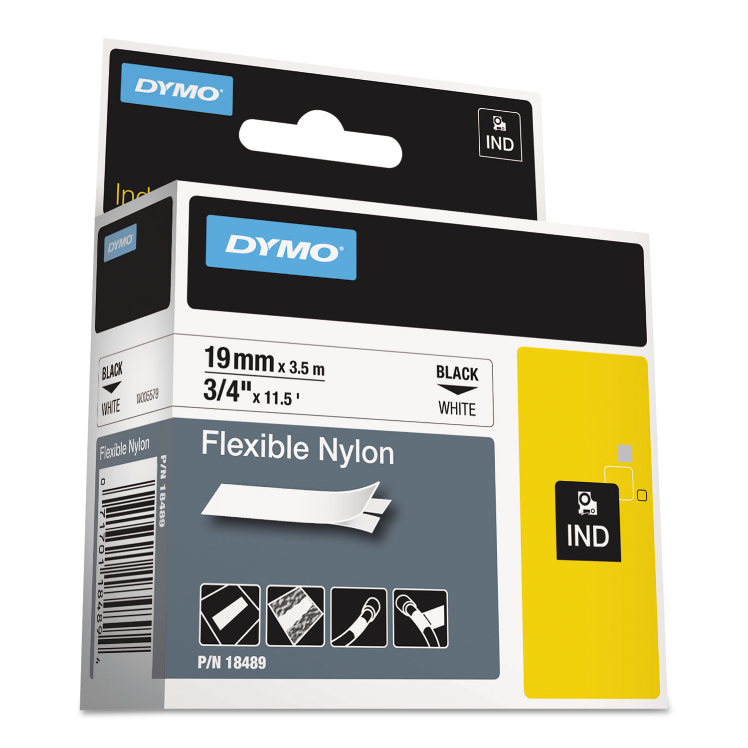 DYMO DYM18489 Rhino Flexible Nylon Industrial Label Tape, 3/4" x 11 1/2 ft, White/Black Print