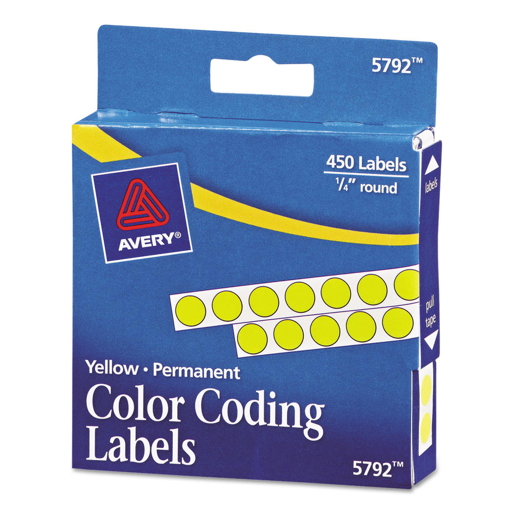 Avery AVE05792  Permanent Self-Adhesive Round Color-Coding Labels, 1/4" dia, Yellow, 450/Pack