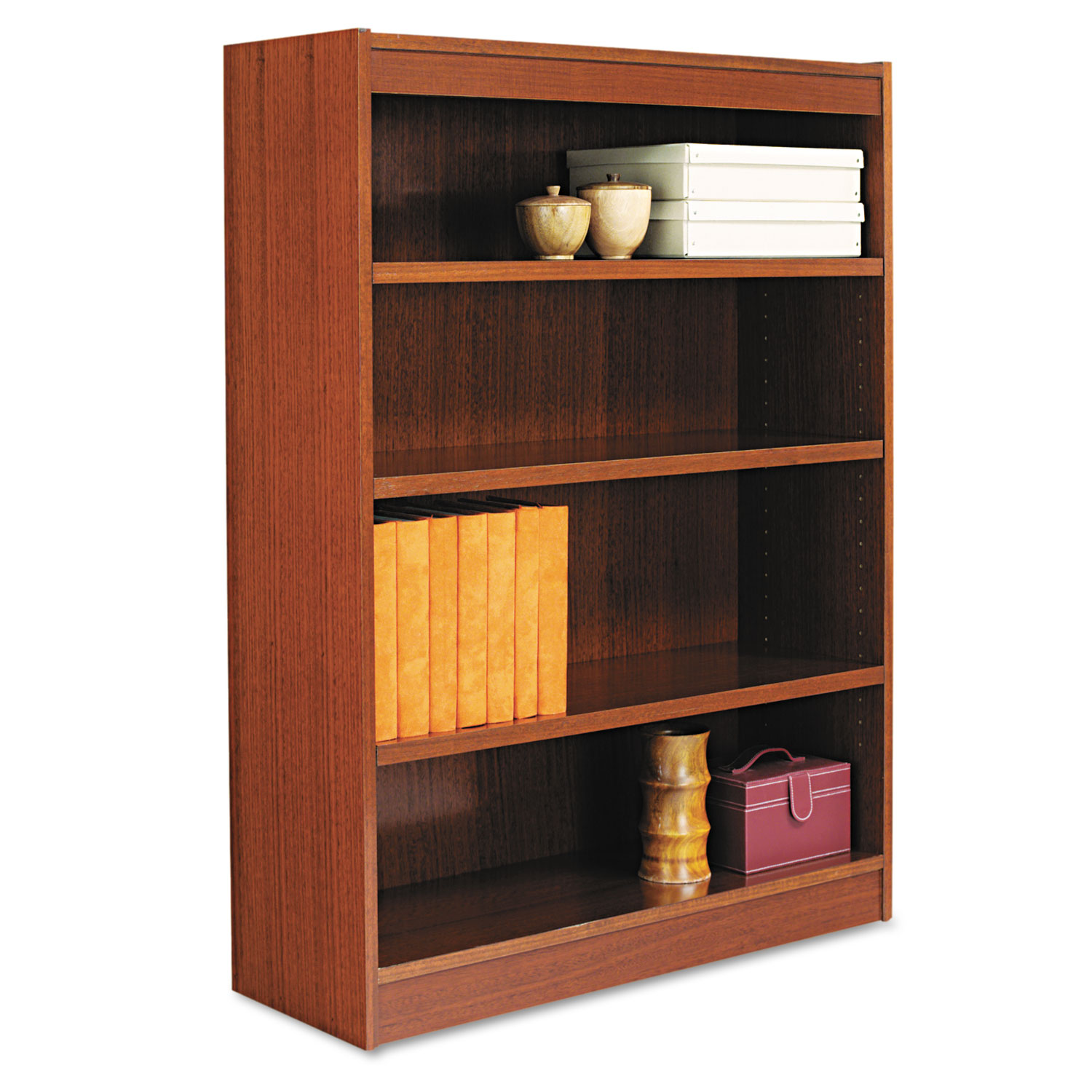 Alera Square Corner Wood Bookcase, Four-Shelf, 35-5/8w x 11-3/4d x 48h, Medium Cherry