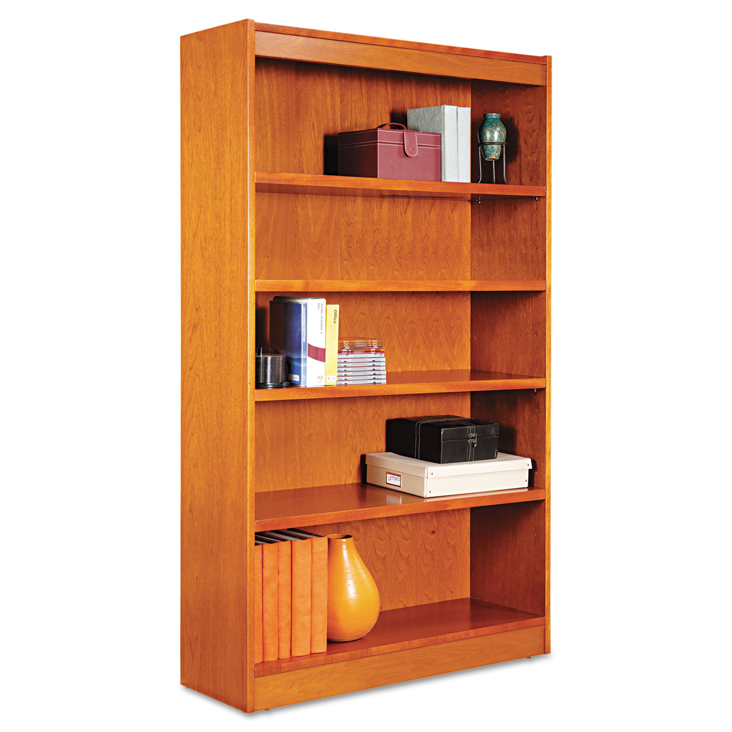 Alera Square Corner Wood Bookcase, Five-Shelf, 35-5/8w x 11-3/4d x 60h, Medium Cherry