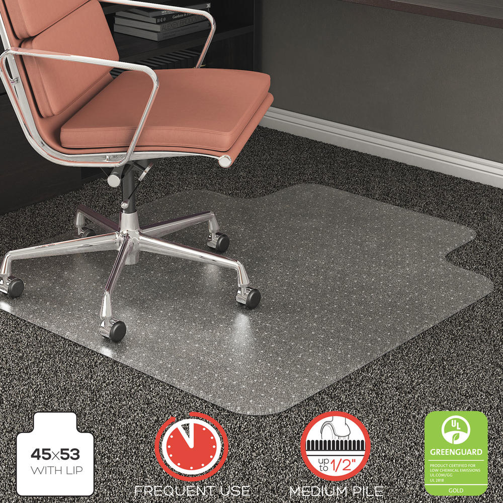 Deflect-O RollaMat Frequent Use Chair Mat for Medium Pile Carpet, 45 x 53 w/Lip, Clear