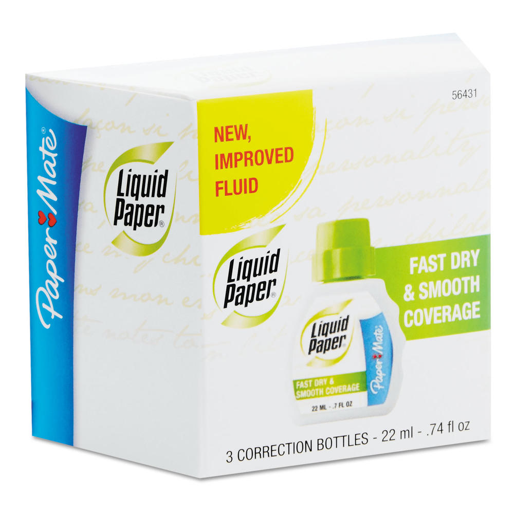 Liquid Paper PAP5643115 Paper Mate  Fast Dry Correction Fluid, 22 ml Bottle, White, 3/Pack
