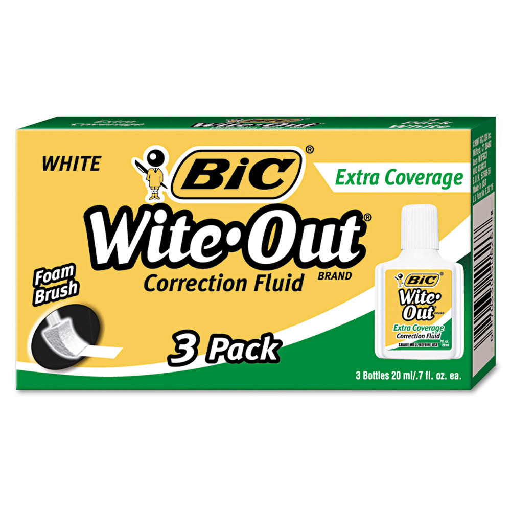 Wite-Out BICWOFEC324 BIC  Extra Coverage Correction Fluid, 20 ml Bottle, White, 3/Pack