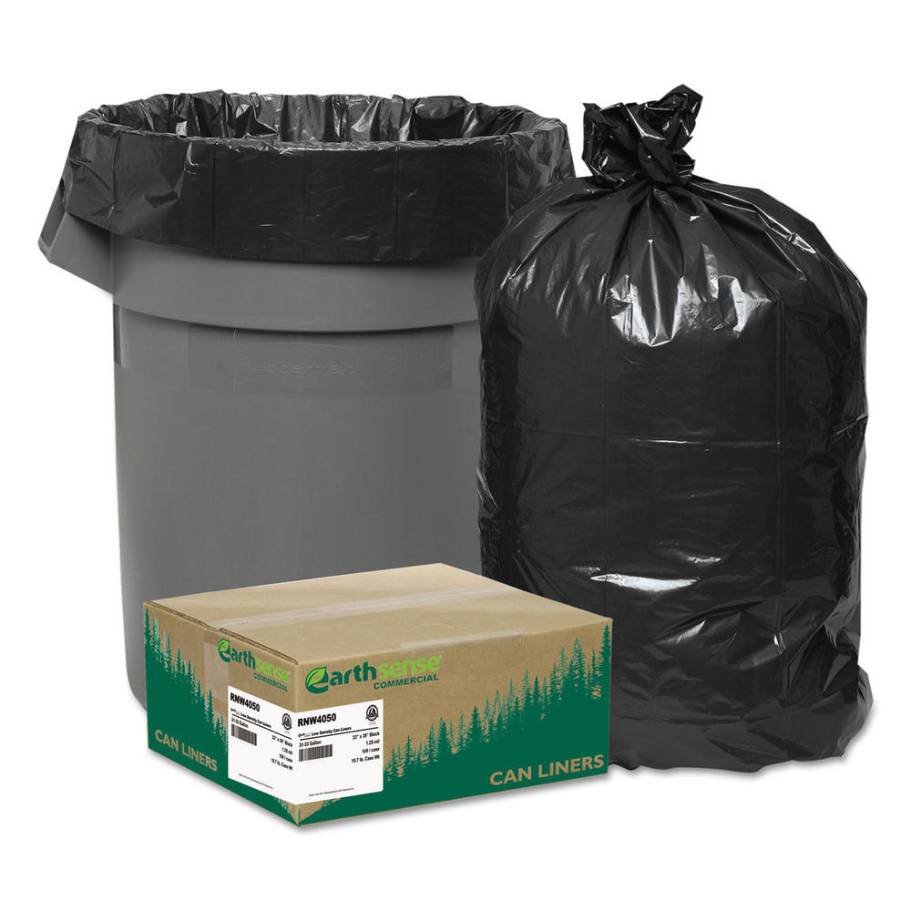 EarthSense Commercial WBIRNW4050 Recycled Can Liners, 33gal, 1.25mil, 33 x 39, Black, 100/Carton