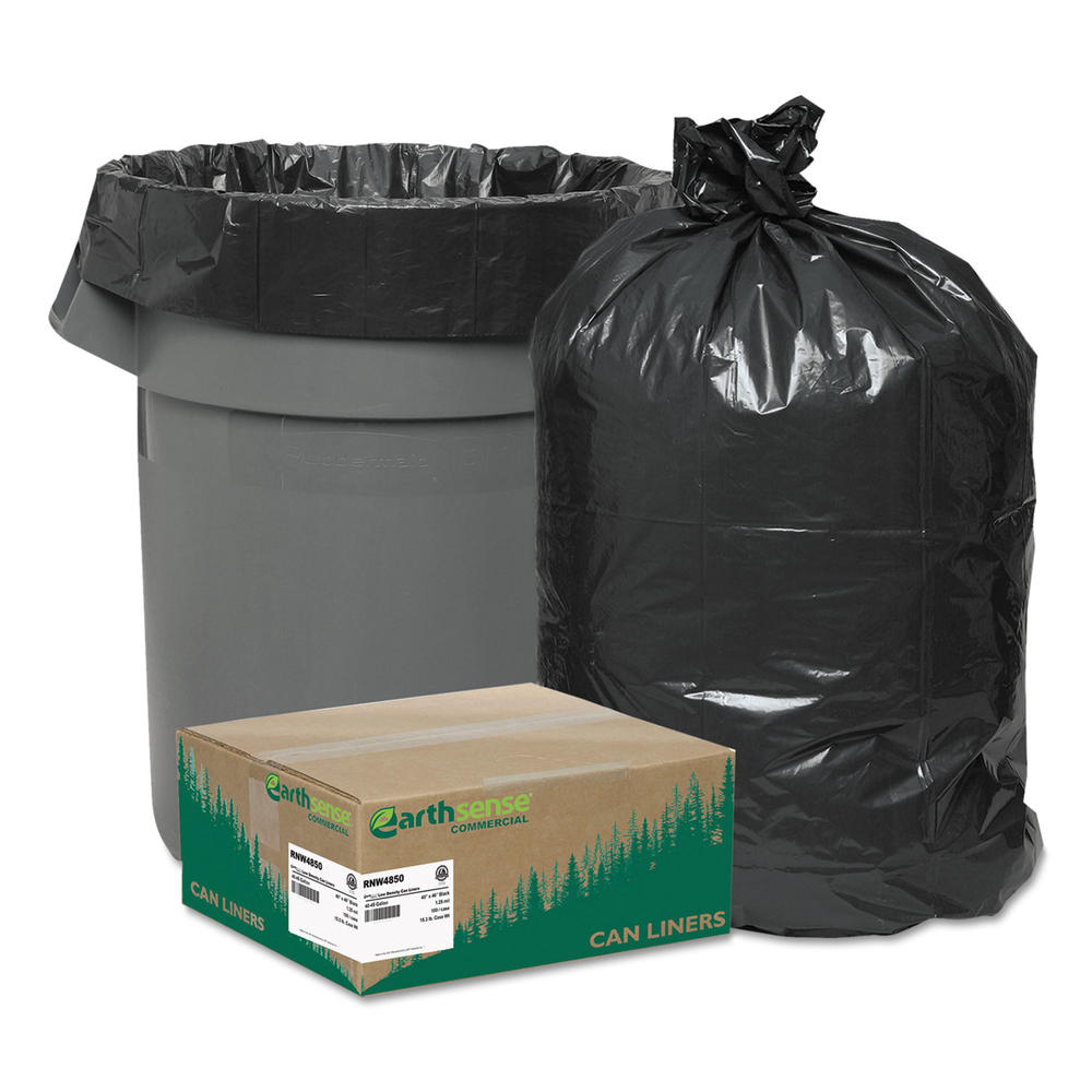 EarthSense Commercial WBIRNW4850 Recycled Can Liners, 40-45gal, 1.25mil, 40 x 46, Black, 100/Carton