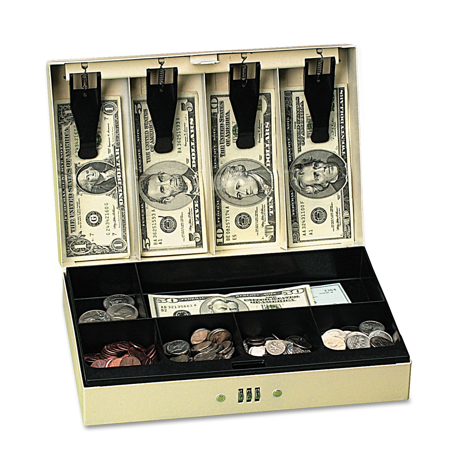 PM Company PMC04961 Steel Cash Box w/6 Compartments, Three-Number Combination Lock, Pebble Beige