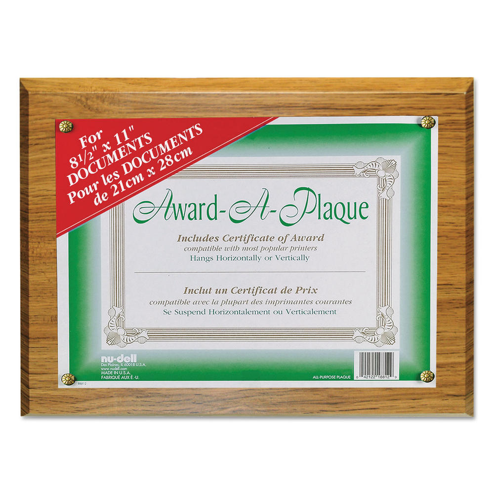 NUDELL Award-A-Plaque Document Holder, Acrylic/Plastic, 10-1/2 x 13, Oak