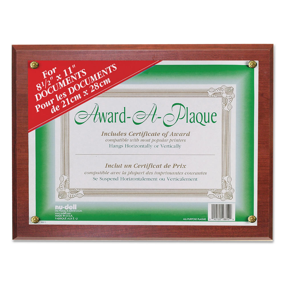 NUDELL Award-A-Plaque Document Holder, Acrylic/Plastic, 10-1/2 x 13, Mahogany
