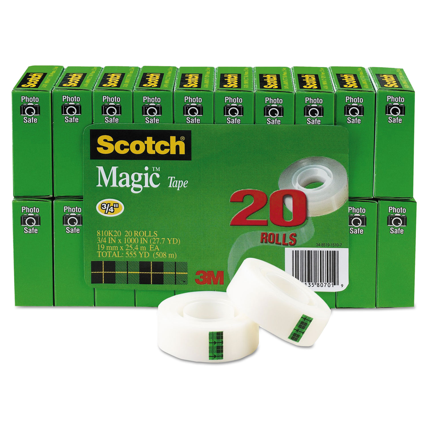 Scotch MMM810K20 Magic Tape Value Pack, 3/4" x 1000", 1" Core, Clear