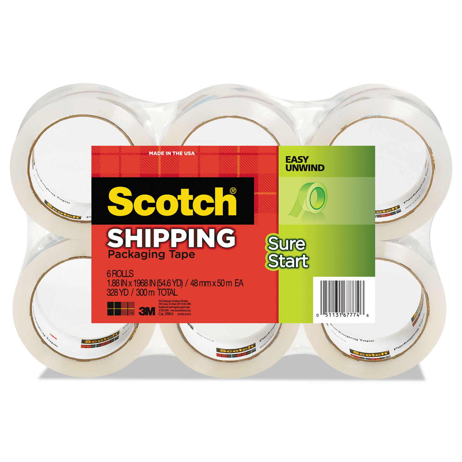 Scotch MMM35006 Sure Start Packaging Tape, 1.88" x 54.6yds, 3" Core