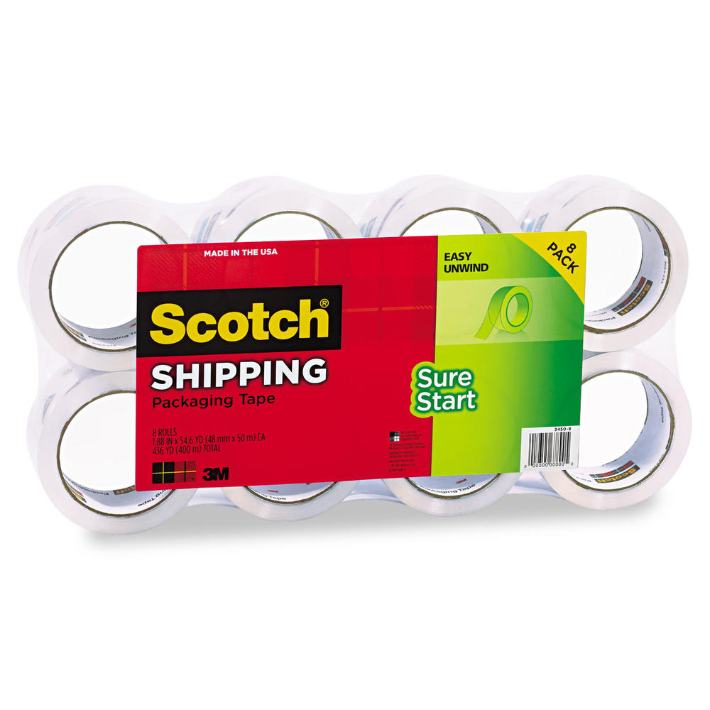 Scotch MMM34508 Sure Start Packaging Tape, 1.88" x 54.6yds, 3" Core, Clear, 8/Pack