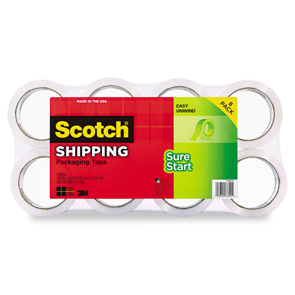 Scotch MMM34508 Sure Start Packaging Tape, 1.88" x 54.6yds, 3" Core, Clear, 8/Pack