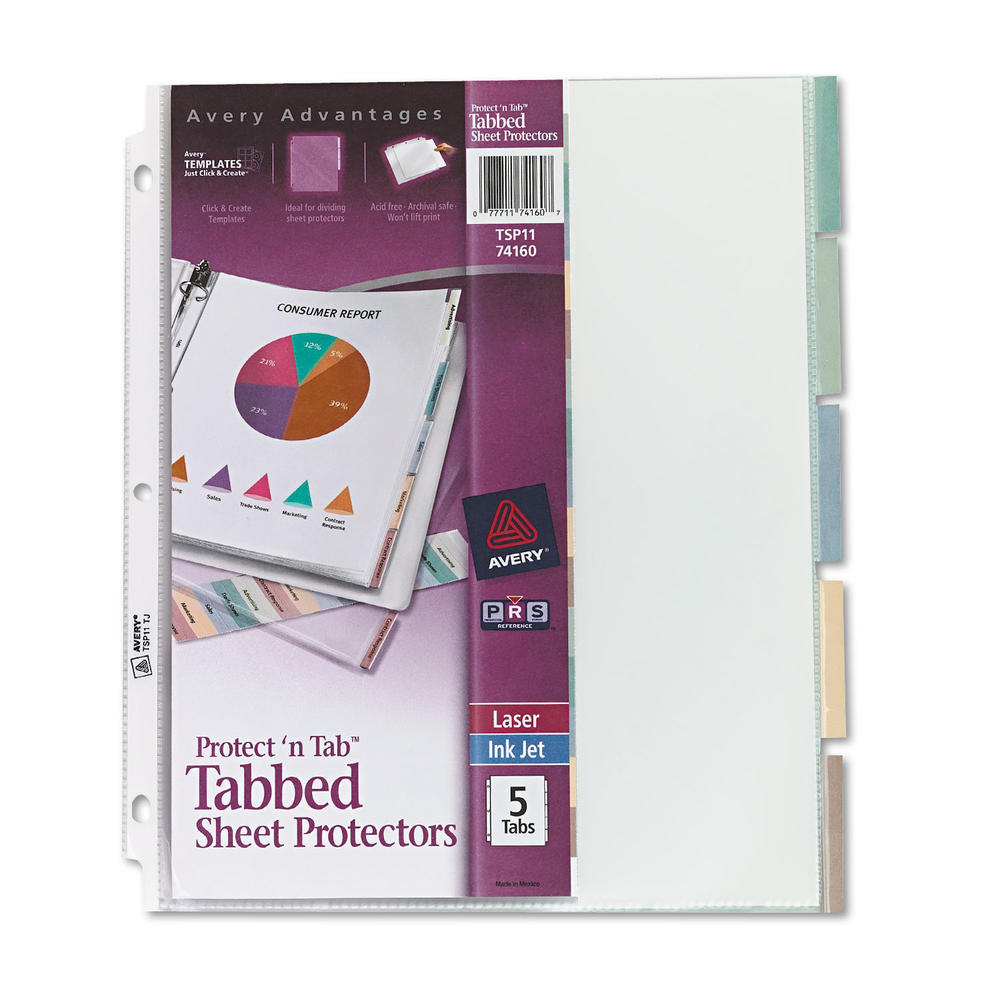 Avery AVE74160 Protect 'n Tab Top-Load Clear Sheet Protectors w/Five Tabs, Letter