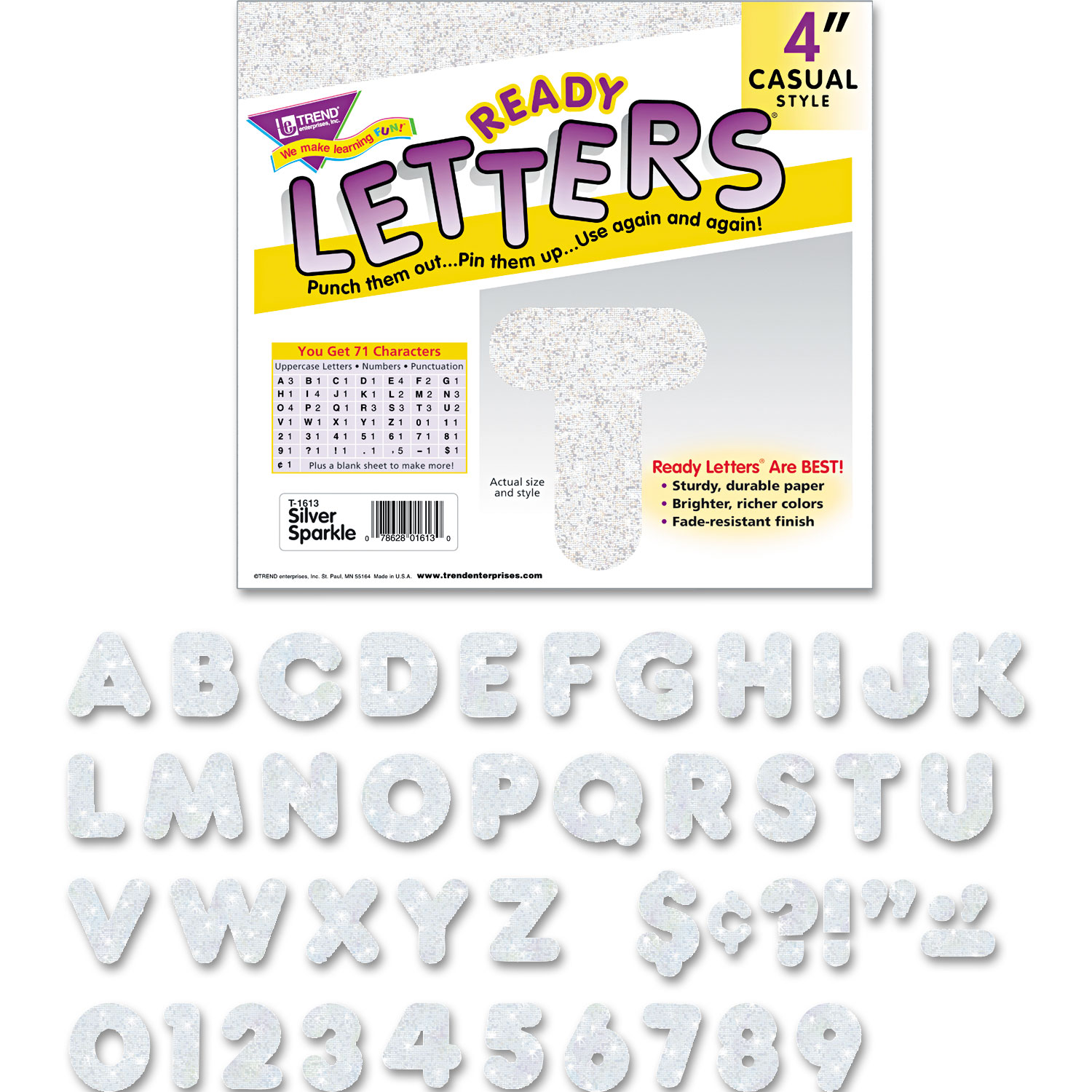 Trend TEPT1613 Ready Letters Sparkles Letter Set, Silver Sparkle, 4"h, 71/Set