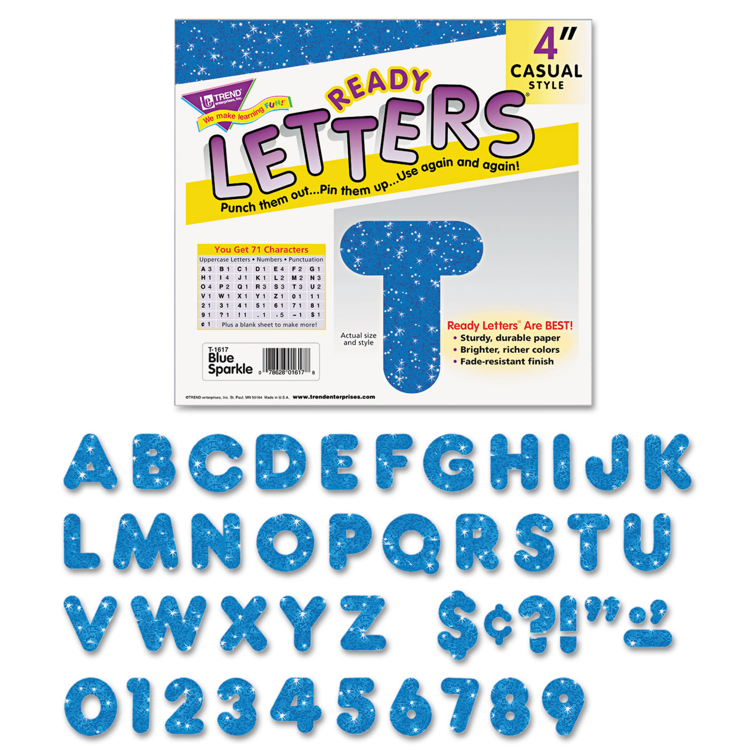 Trend TEPT1617 Ready Letters Sparkles Letter Set, Blue Sparkle, 4"h, 71/Set