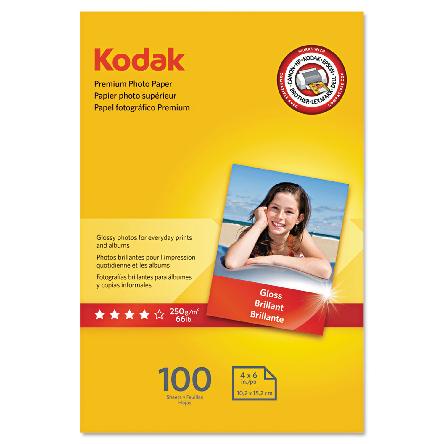 KODAK KOD1034388 Premium Photo Paper, 8.5 mil, Glossy, 4 x 6, 100 Sheets/Pack
