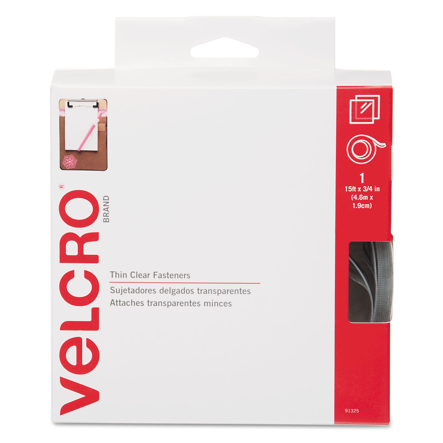 Velcro VEK91325 Sticky-Back Hook and Loop Fastener Roll, 3/4" x 15 ft Roll, Clear