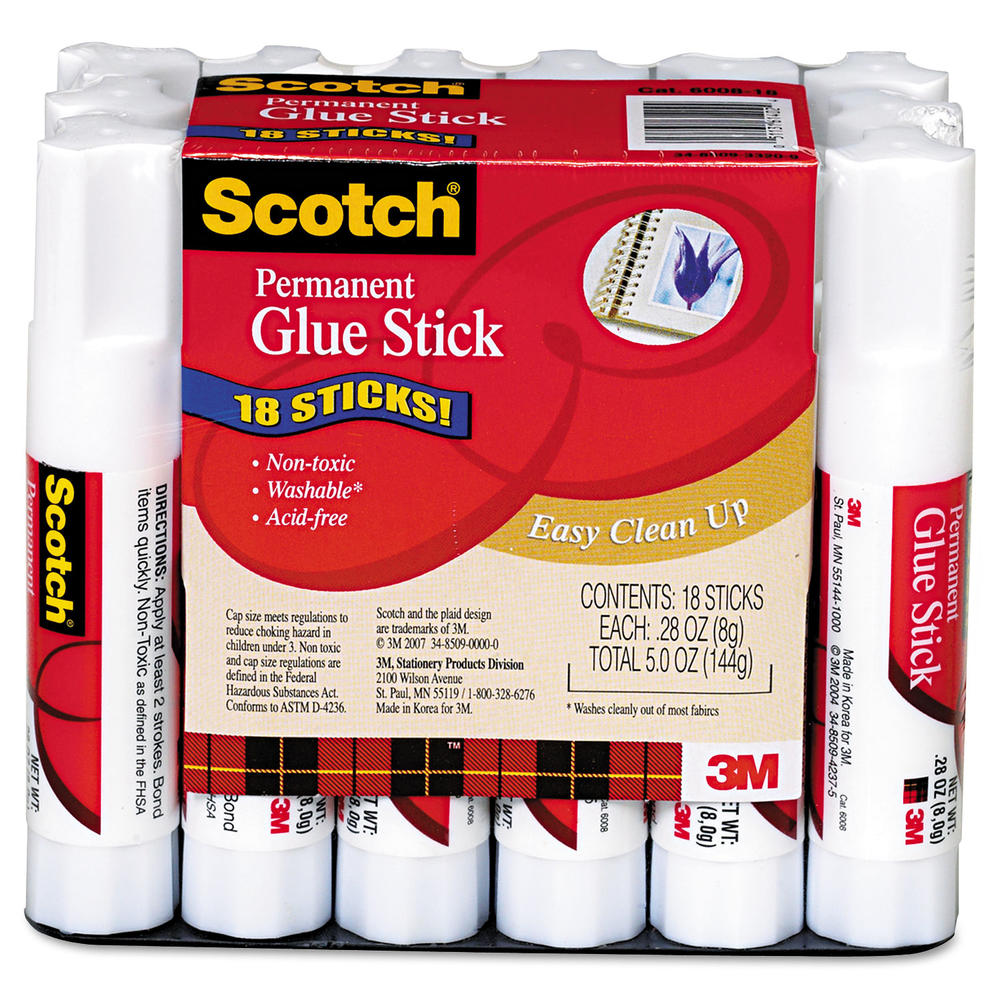 Scotch MMM600818 Permanent Glue Stick, .28 oz, 18/Pack