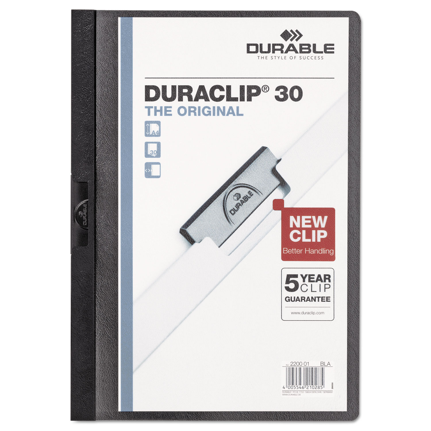 Durable DBL220301 Vinyl DuraClip Report Cover w/Clip, Letter, Holds 30 Pages, Clear/Black, 25/Box