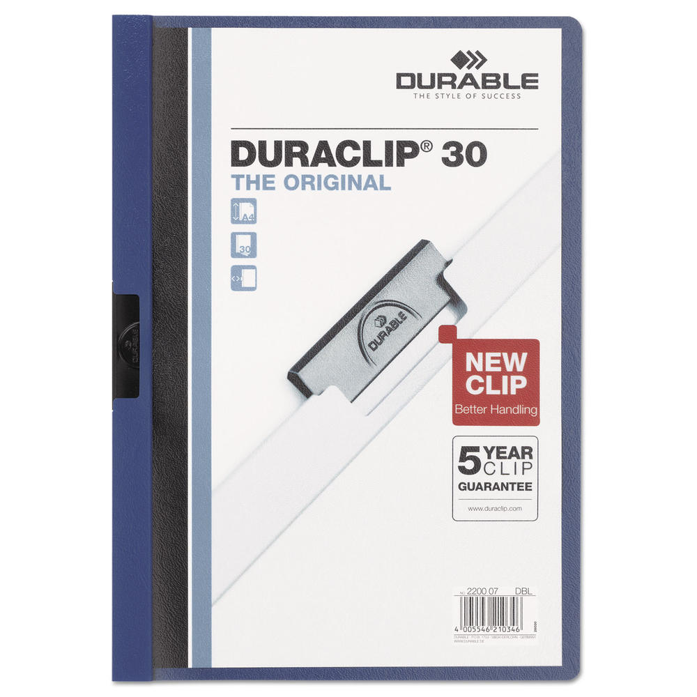 Durable DBL220307 Vinyl DuraClip Report Cover, Letter, Holds 30 Pages, Clear/Dark Blue, 25/Box