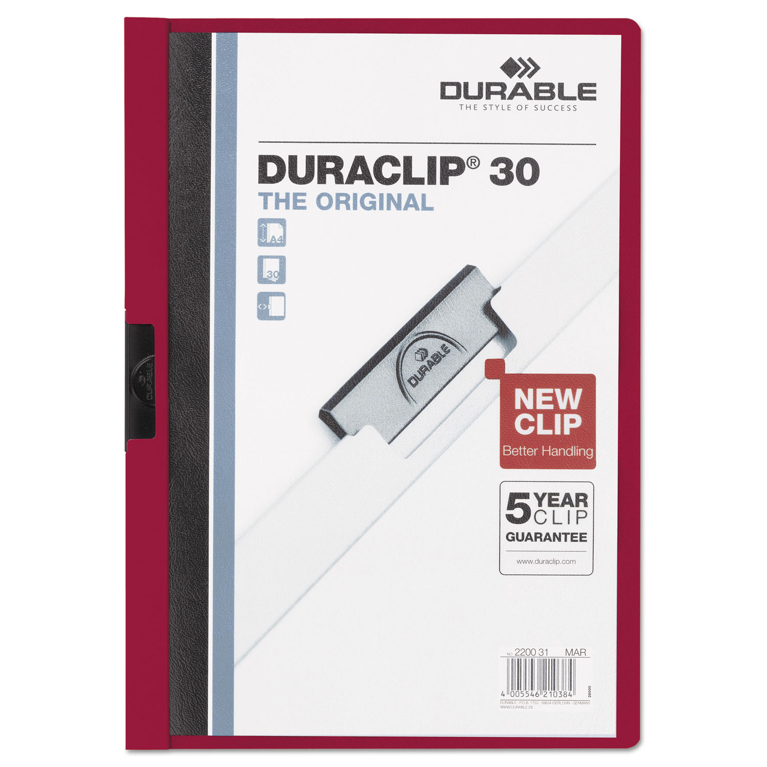 Durable DBL220331 Vinyl DuraClip Report Cover w/Clip, Letter, Holds 30 Pages, Clear/Maroon, 25/Box