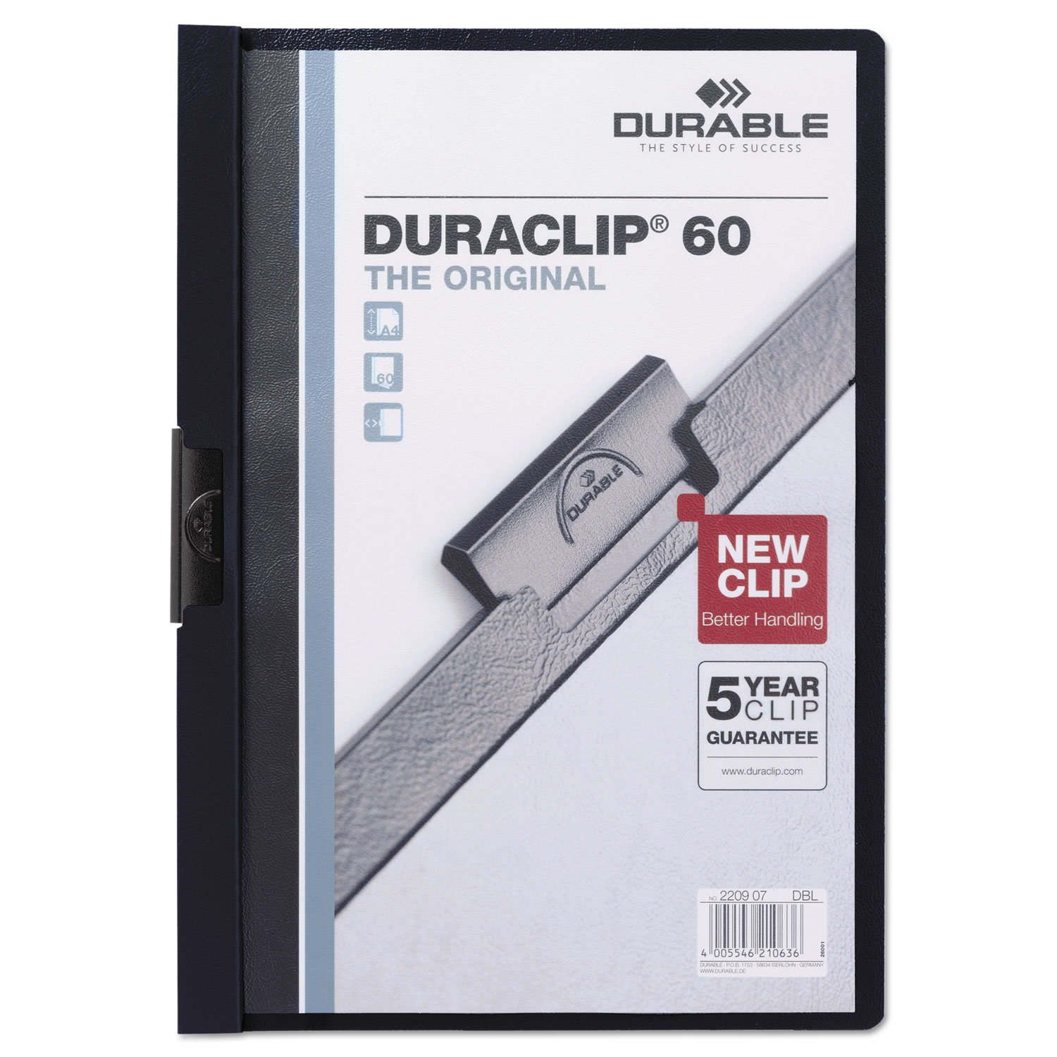 Durable DBL221428 Vinyl DuraClip Report Cover w/Clip, Letter, Holds 60 Pages, Clear/Navy, 25/Box