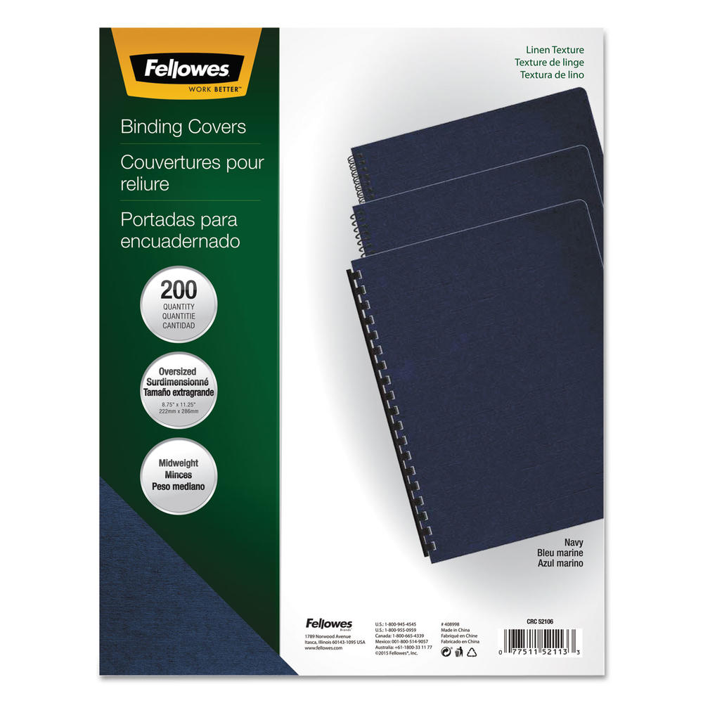 Fellowes FEL52113 Linen Texture Binding System Covers, 11-1/4 x 8-3/4, Navy, 200/Pack
