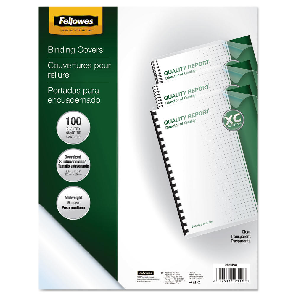 Fellowes FEL52311 Crystals Presentation Covers with Round Corners, 11 1/4 x 8 3/4, Clear, 100/Pack