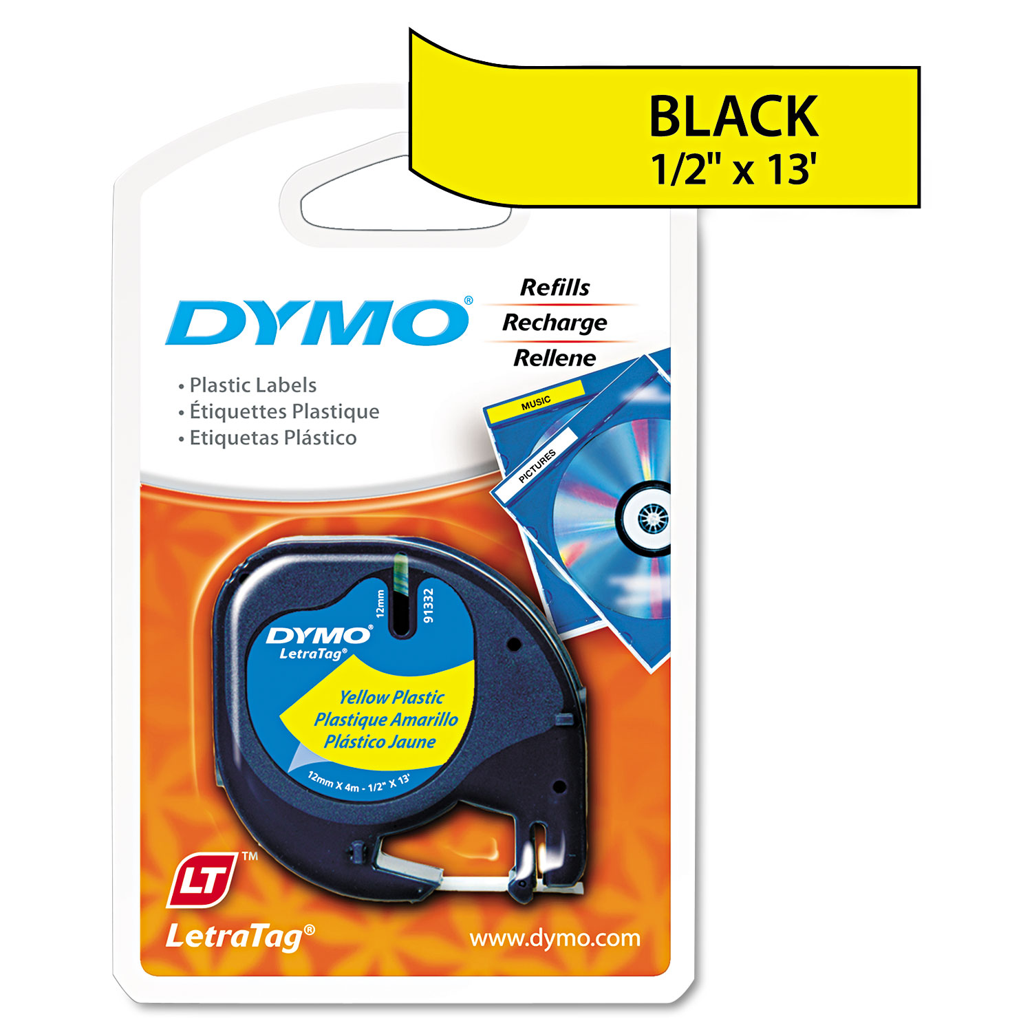 DYMO DYM91332 LetraTag Plastic Label Tape Cassette, 1/2" x 13ft, Yellow