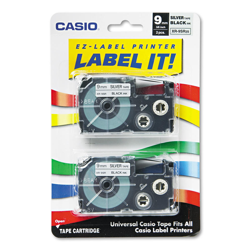 Casio CSOXR9SR2S Tape Cassettes for KL Label Makers, 9mm x 26ft, Black on Silver, 2/Pack