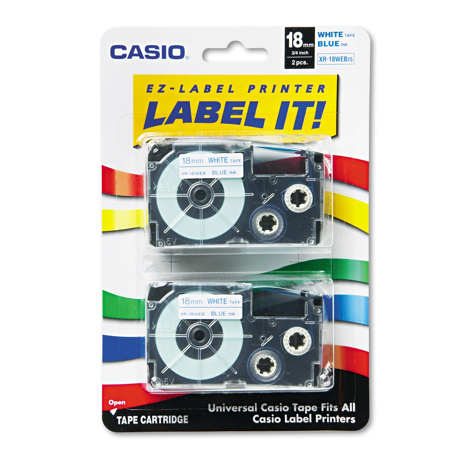 Casio CSOXR18WEB2S Tape Cassettes for KL Label Makers, 18mm x 26ft, Blue on White, 2/Pack