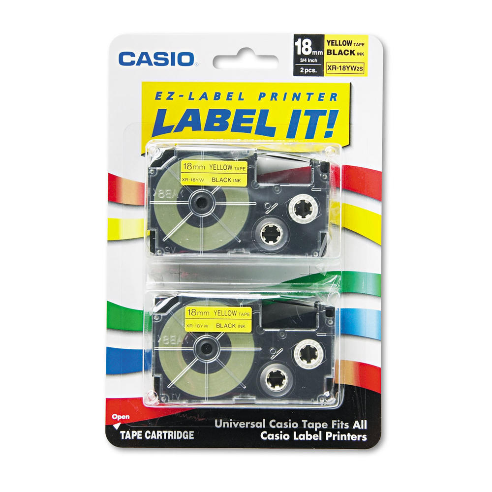 Casio CSOXR18YW2S Tape Cassettes for KL Label Makers, 18mm x 26ft, Black on Yellow, 2/Pack
