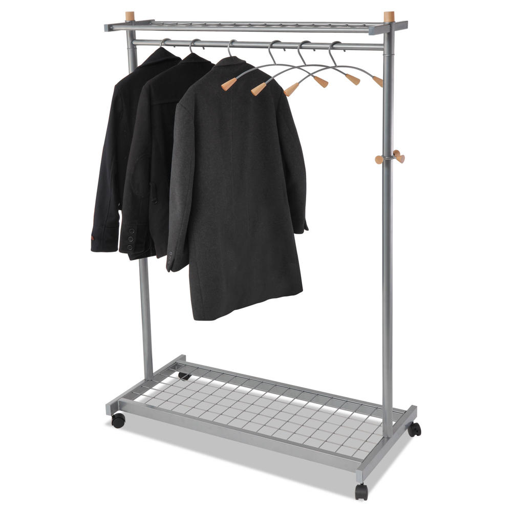 Alba ABAPMLUX6 Garment Racks, Two-Sided, 2-Shelf Coat Rack, 6 Hanger/6 Hook, Silver Steel/Wood