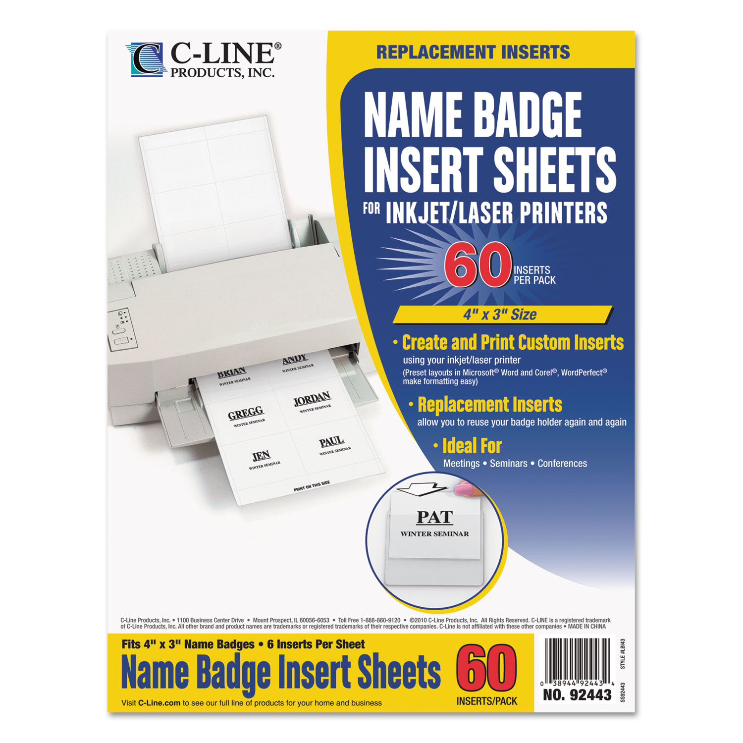 CLine CLI92443 Name Badge Inserts, 4 x 3, White, 60/Pack