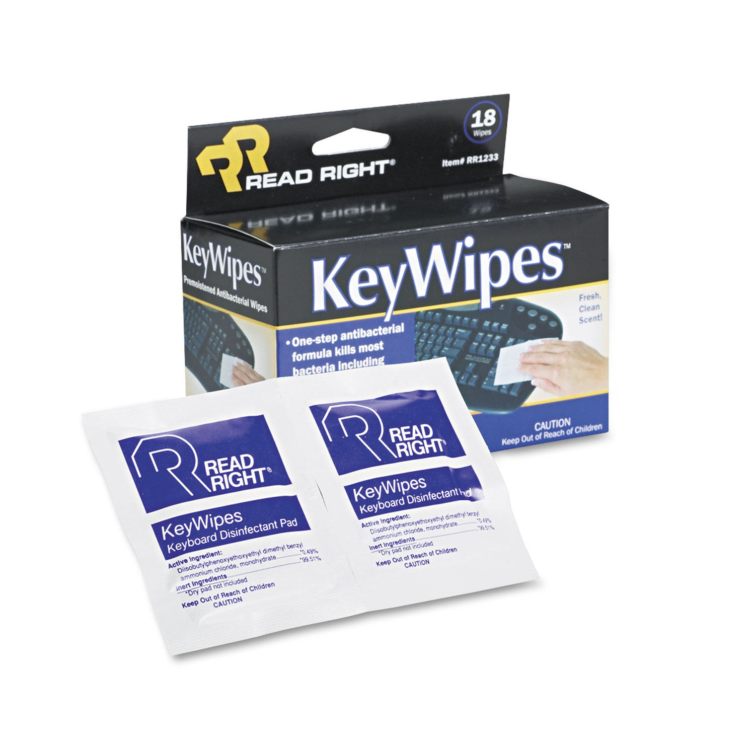 Read Right REARR1233 KeyWipes Keyboard & Hand Cleaner Wet Wipes, 5 x 6 7/8, 18/Box