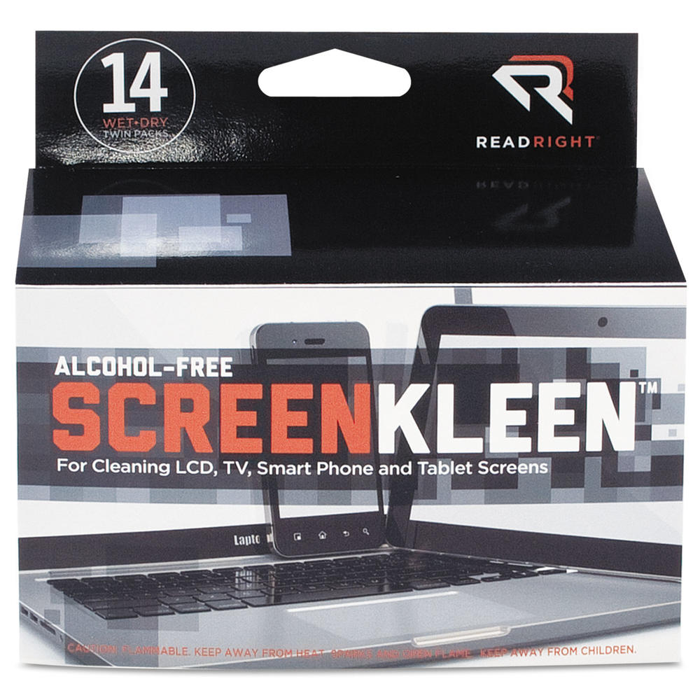 Read Right REARR1291 ScreenKleen Alcohol-Free Wipes, Cloth, 5 x 5, 14/Box
