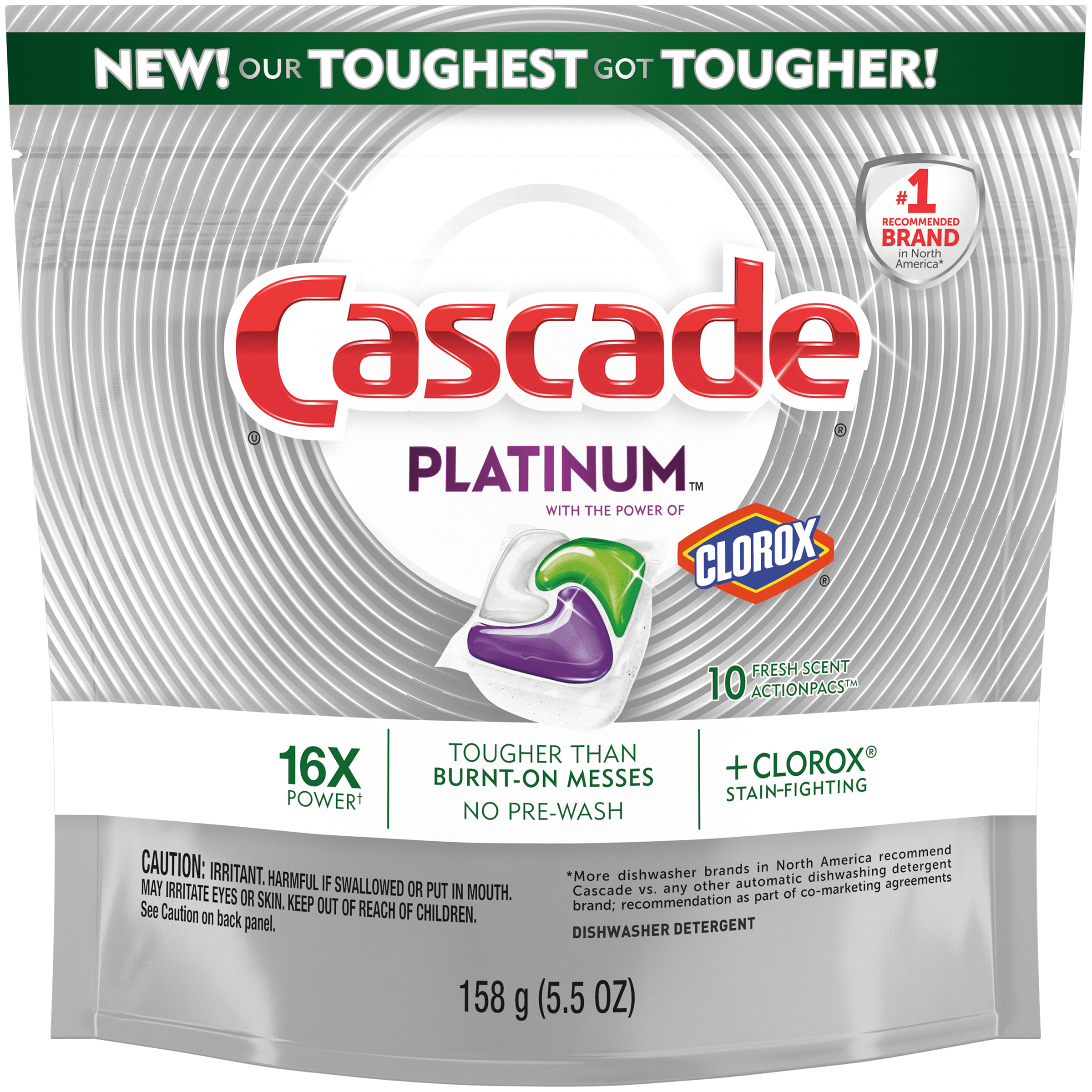 Cascade Platinum ActionPacs Dishwasher Detergent with the Power of Clorox, Fresh, 10 count
