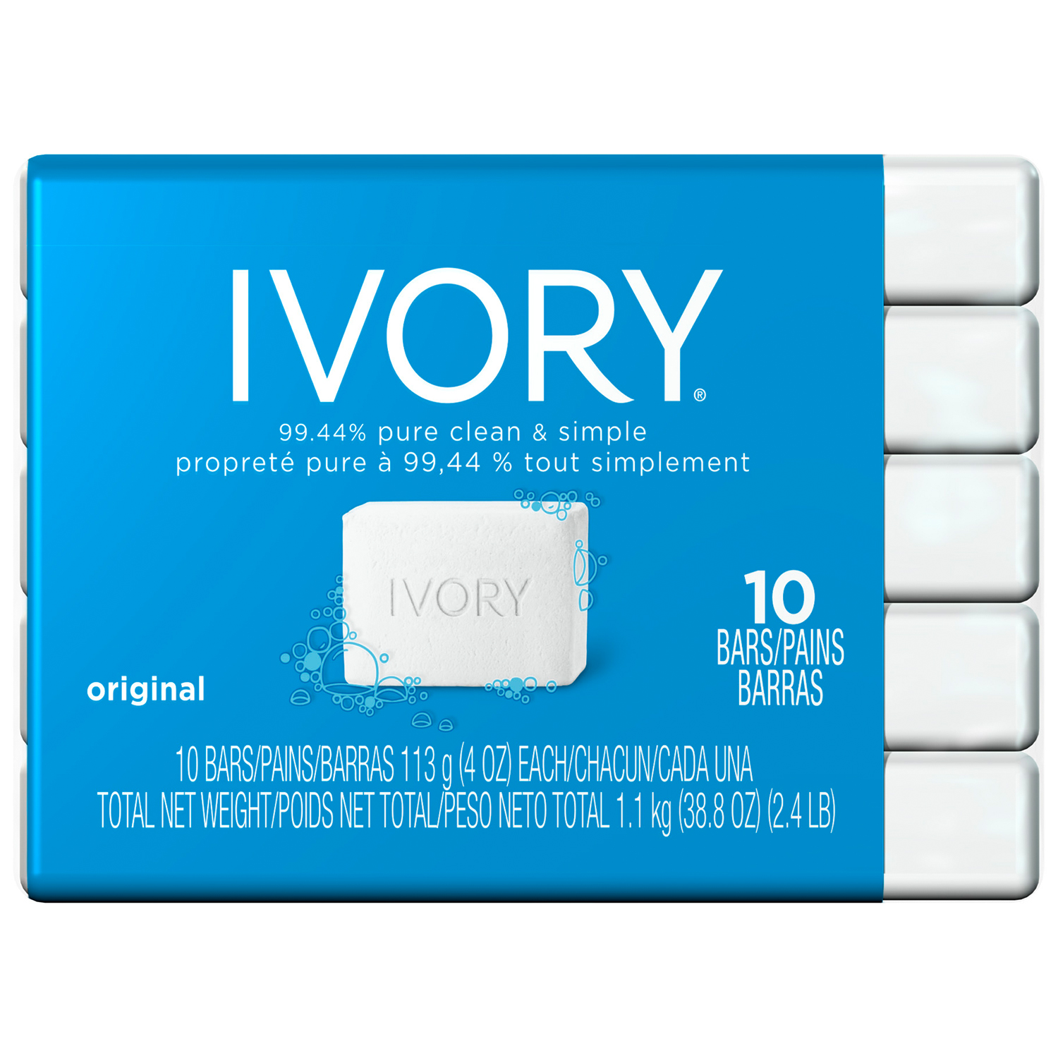 Ivory Original Bath Size Bar Soap 10 ct Pack, 38.8 oz, Size: 10 ct Pack- 38.8 oz total- 4 oz each Ivory Original Bath Size Bar Soap 10 ct Pack, 38.8 oz, Size: 10 ct Pack- 38.8 oz total- 4 oz each