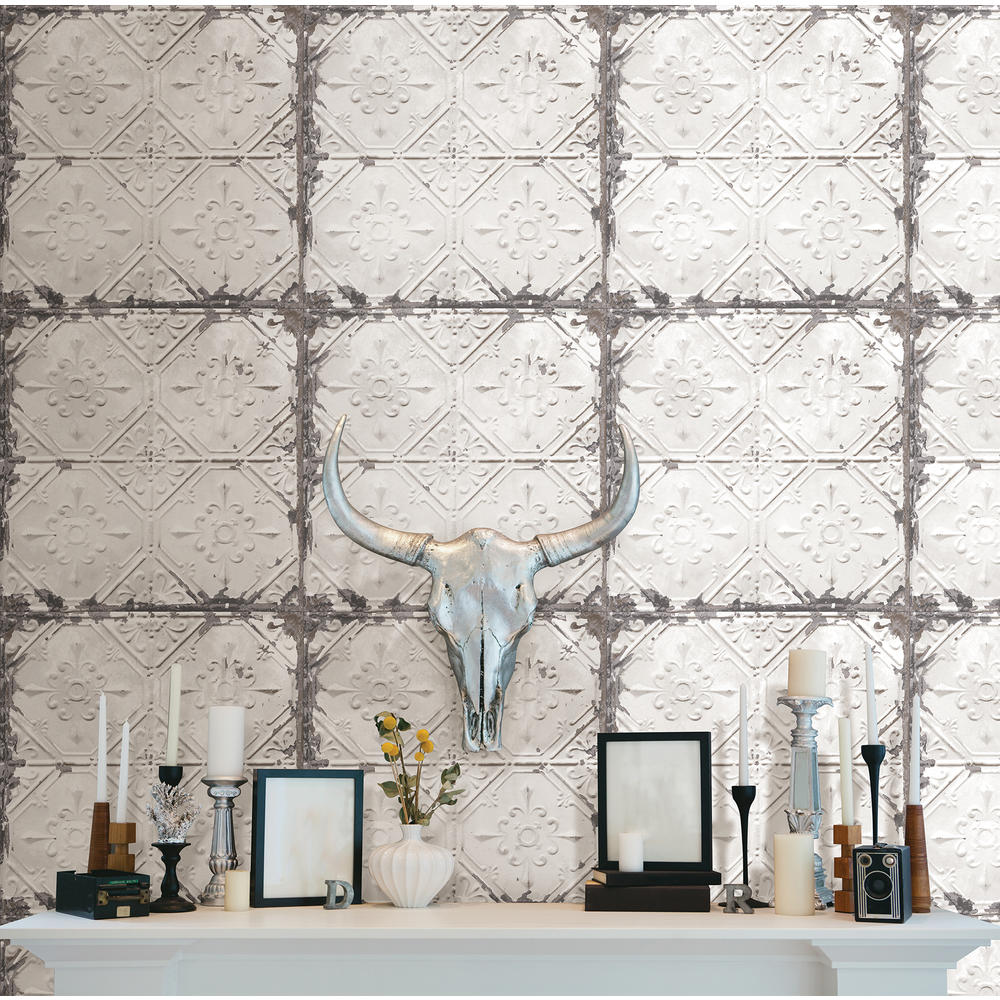 NuWallpaper Vintage Tin Tile OffWhite Metallic Peel and Stick Wallpaper