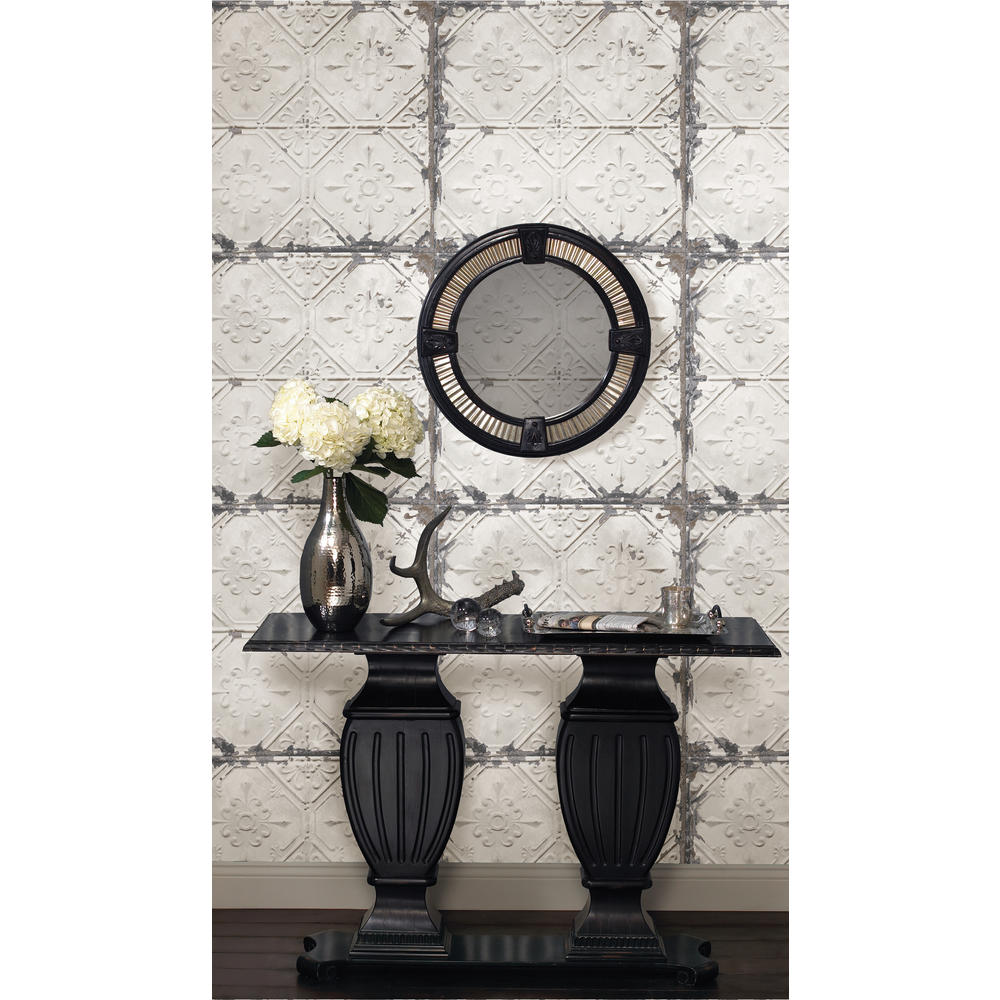 NuWallpaper Vintage Tin Tile OffWhite Metallic Peel and Stick Wallpaper